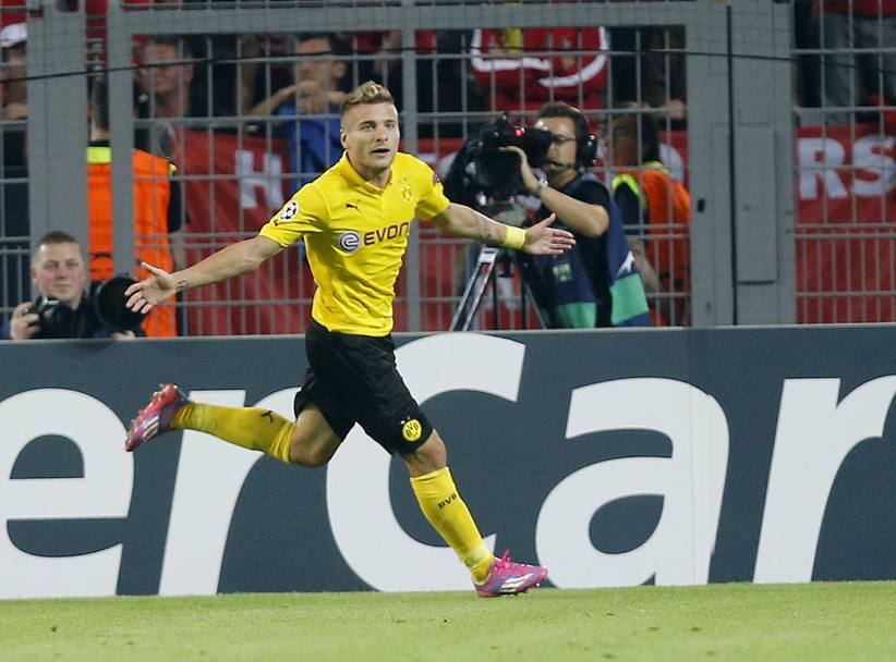 Champions League. Borussia Dortmund vs Arsenal. L’esultanza di Ciro Immobile dopo aver segnato il primo gol (Lapresse)